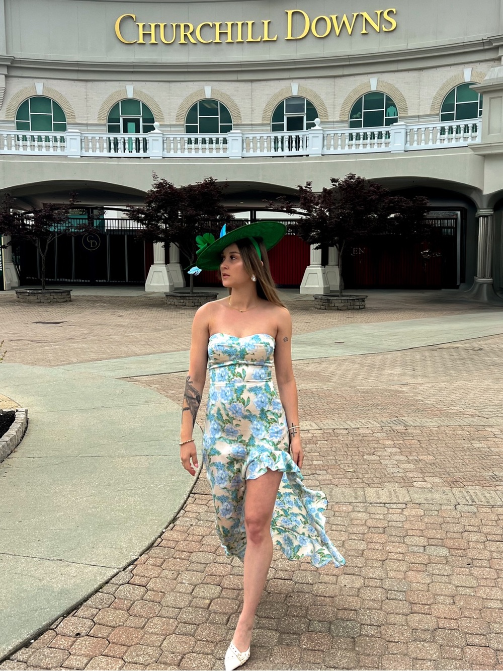 Strapless Floral Dress in Pastel Blue & Green with Side Slit